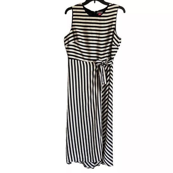 Vince Camuto Faux Wrap Dress Satin Striped Sleeveless Midi Flowy - Picture 13 of 15